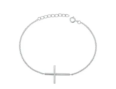 925 Rhodium Plated Sterling Silver Sideways Cross Bracelet - 6 1/2  - 7 1/2  • $17.99