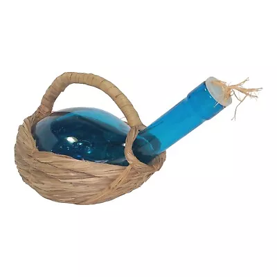 Vintage Blue Glass Wine Bottle In Wicker Basket • $15