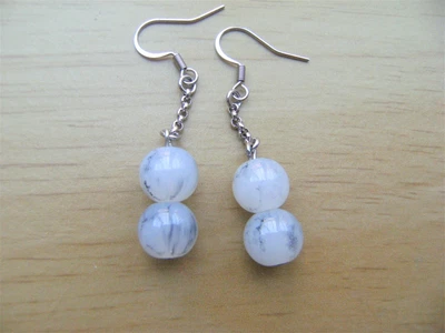 £1.99 • Buy White Marbled Double Bead Glass Chain Earrings Handmade Dangle Silver Tone Hooks