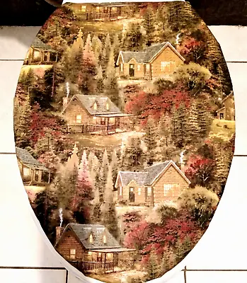 Autumn Cabin Forest  Fall Pines Print Fabric ELONGATED Toilet Seat Lid Cover • $11.97