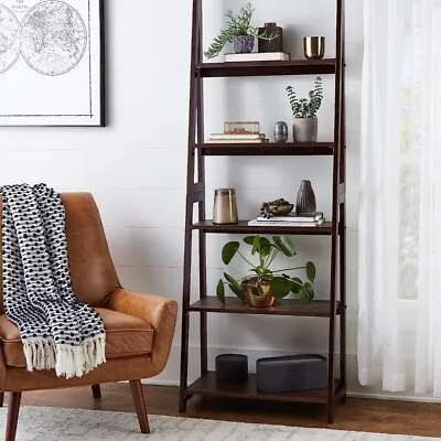 Basics Modern 5-Tier Ladder Bookshelf Organizer Solid Rubberwood Frame - Espres • $50