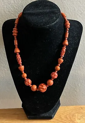 Vintage Art Deco Carved Plastic Celluloid Resin Orange Bead Necklace • $19.99