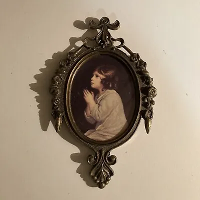 Vintage Small Ornate Metal Framed Picture Of Young Praying Child Italy • $8.96