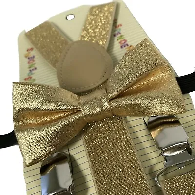 $7.99 • Buy Gold Giltter Suspender + Bow Tie Matching Wedding Toddler Kids Boys Girls Baby