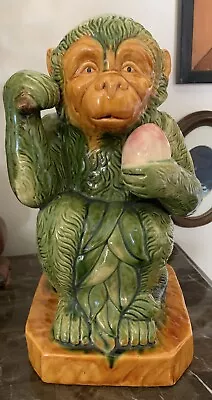 Large Vintage Ceramic Majolica Monkey Holding Fruit 12  Grand Millenial • $55