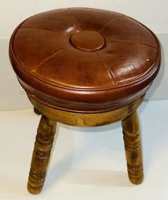 Antique Primitive Thick Wooden Milking Stool With Round Vinyl Cushion 16” T12”w • $69.99