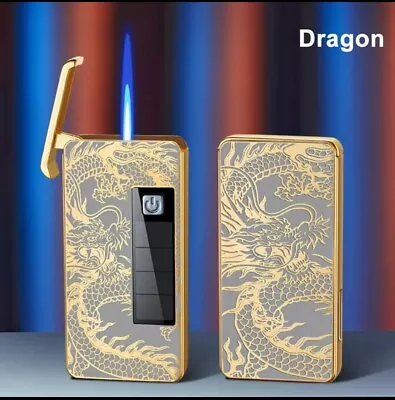 Solar Charging Butane Gas Jet Lighter Gold Lucky Dragon Design Blue Flame Winter • $59.95