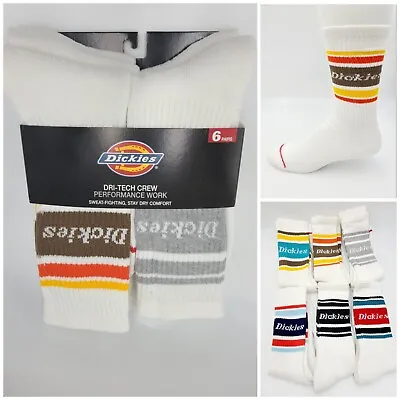 Dickies Men 6 Pr Performance Work Dri-Tech Crew Socks Retro Striped White Sz6-12 • $22.99