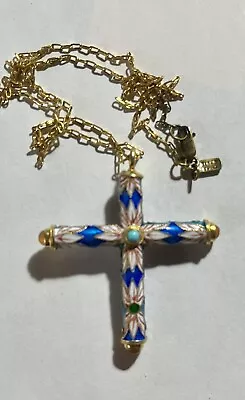 Vintage Cloisonne Gold Plated Sterling Silver 925 Cross Necklace W/ Turquoise • $34.99