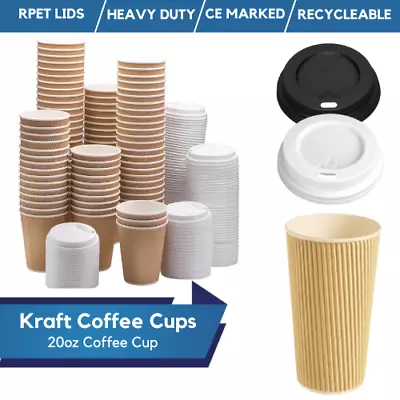 Disposable Coffee Cups Paper Kraft Ripple Cups & Lids Hot Drinks Triple Layer • £229.99