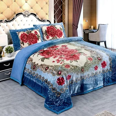 3Piece Heavy Korean Mink Sherpa Blanket Comforter Printed Embossed Bed Blankets • $59.99