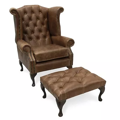 Chesterfield Queen Anne High Back Wing Chair &Footstool In Vintage Brown Leather • £875