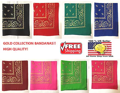 One Dozen GOLD Metallic Paisley Western 100% Cotton Printed Bandana 22 X 22 Inch • $34.17