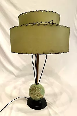 Vintage Mid Century Green Gold Ceramic Lamp With Two Tiered Fiberglass Shade • $295