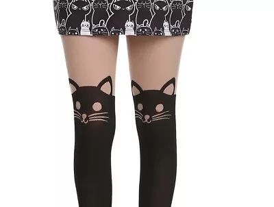 Hot Topic Black Heart  Sheer  Opaque Cat Face Faux Thigh High Tights O/s Nwt • $11.99