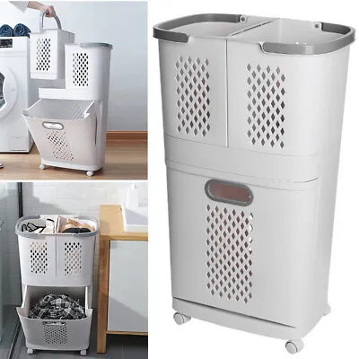 3 Compartment Laundry Cart Washing Basket Clothes Storage Hamper Bin On Wheels • £28.95