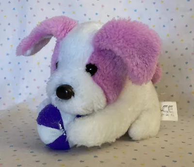 Vintage Ace Novelty Pink White Puppy Dog Stuffed Animal Plush 5” Purple Ball • $14.99