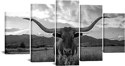 5 Piece Canvas Wall Art Texas Longhorn Black & White Canvas Print Modern Canvas  • $142.99