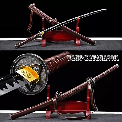 Walking Dead Katana Black T10 Steel Japanese Sword Brown Leather Sheath+Strap • $130