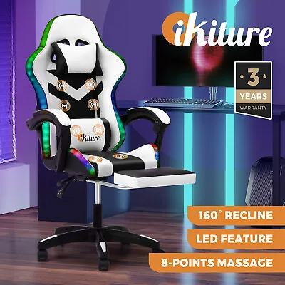 Oikiture Gaming Office Chair Massage Racing RGB LED Recliner Computer Footrest • $179.90