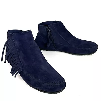 Minnetonka Lacy Fringe Suede Ankle Boot Moccasin Sz 7.5 Navy Blue Flat Side Zip • $36