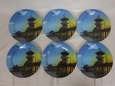 Set Of 6 Sand Surf & Sea Melamine Dinner Plates ~ Ocean Pier Scene ~  • $16.95