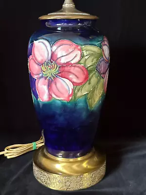 MOORCROFT TABLE LAMP CLEMATIS FLOWER (Newly Rewired) 25 In./ 10.8 In. VASE C1940 • $750