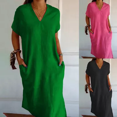 Women V Neck Baggy Midi Dress Summer Short Sleeve Casual Smock T-Shirt Dress US • $21.49