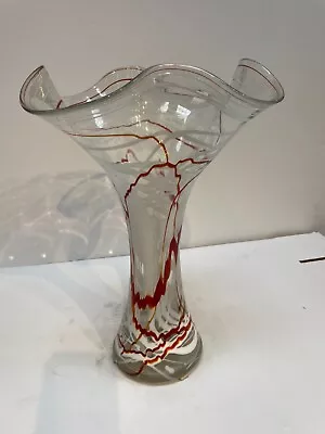 Magnificent Modern Hand Blown Glass Vase - Clear With Red White Details • $250