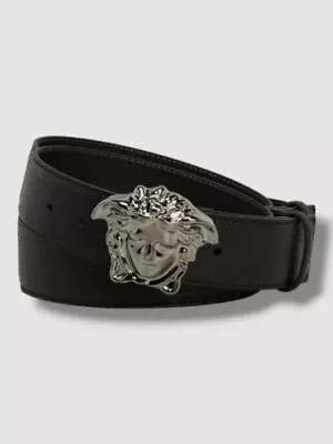 $531 Versace Men's Black La Medusa Buckle Leather Belt Size 34in 85cm • $193.21