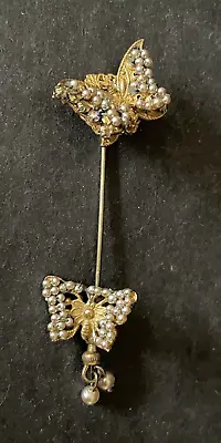 Vintage/antique 1930s Miriam Haskell Double Butterfly Faux Seed Pearls Stick Pin • $45