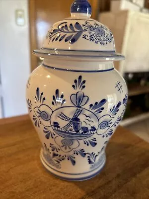 Vintage Lidded Delft Ginger Jar Blue Dutch Windmills W/ Floral Design • $15