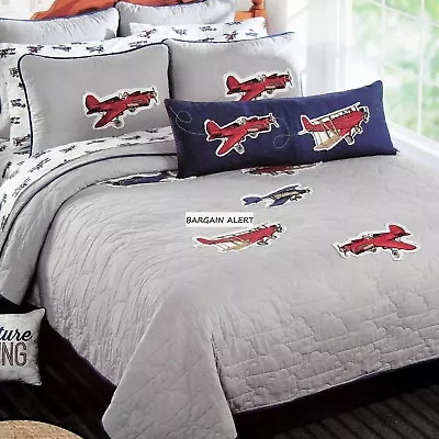 AIRPLANES VINTAGE SKY HAWK 5 Piece TWIN QUILT ~ RED BLUE GRAY AIRPLANE COVERLET • $169.99