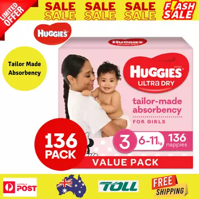 $70.45 • Buy Huggies Ultra Dry Nuppies Size 3 6-11kg Girls' Nappies 136pk Contents