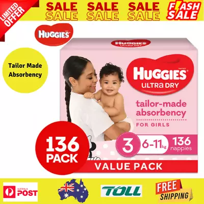 Huggies Ultra Dry Nuppies Size 3 6-11kg Girls' Nappies 136pk Contents • $71.99