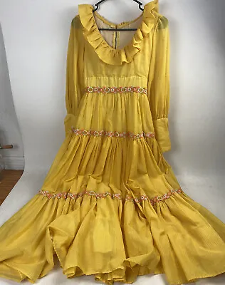 Vintage Handmade Floral Yellow Cottagecore Prairie Maxi Dress Small Ruffle • $75