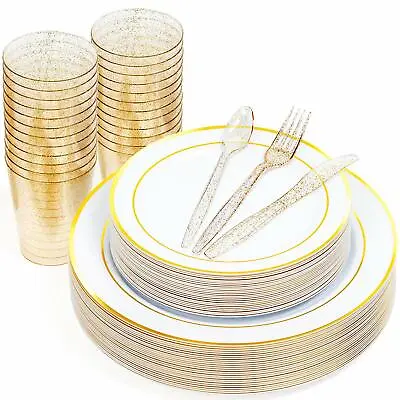 £39.99 • Buy 150 PC Elegant Premium Plastic Party Wedding Dinner Set Plates Cups Cutlery Gold
