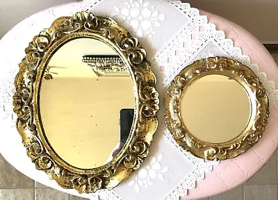 Pair Vintage Unique Oval & Round Gold Gilt Italy Florentine Wall Accent Mirrors • $84.99