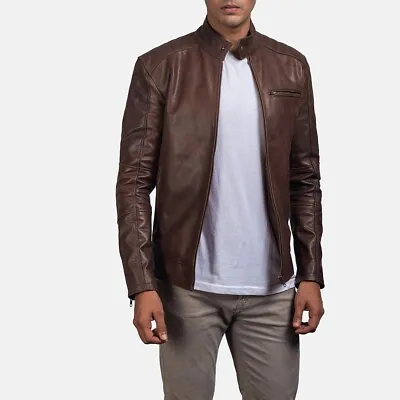 Jacket Leather Motorcycle Biker Men Men's Racer Slim Cafe  Vintage Fit Brown 65 • $55