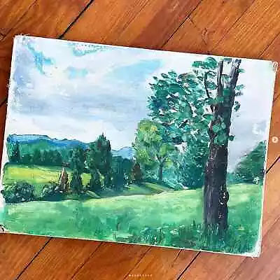 Vintage Painting Naive Landscape Green Trees Blue Sky Canvas Board • $39