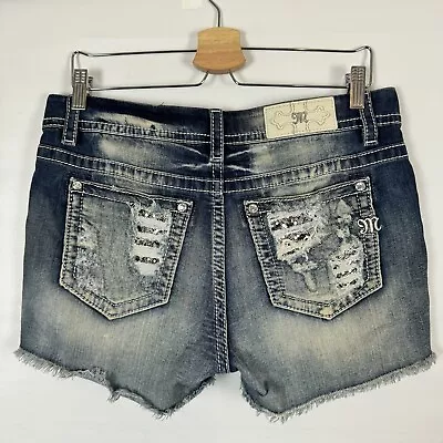 Miss Me Mid Rise Easy Shorts Mid Blue Wash Sequin Accent Distressed Women 29 • $45