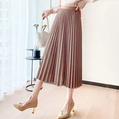 Women Soild Color Pleated Skirt Preppy Style Elastic Waist Midi A-line Skirt • $13.12