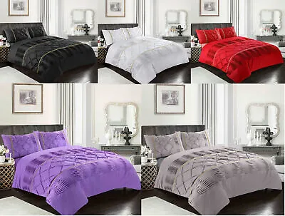 ELEANOR Duvet Cover & Pillowcase Diamante Lace Pleated Pintuck Fancy Bedding Set • £22.49