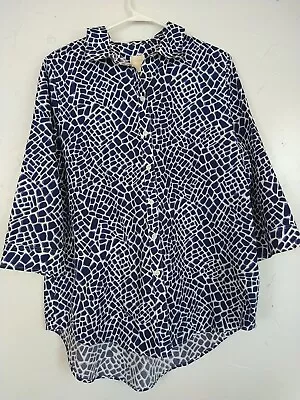 Chico's Button Down Blouse Ladies Size 2 Blue/White 3/4 Flip Sleeves  No Iron • $15.95