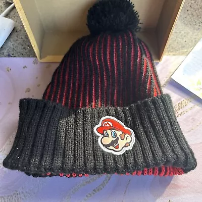 Super Mario Beanie Hat Black Red Logo Winter Knit Boys One Size Pom Striped • $3