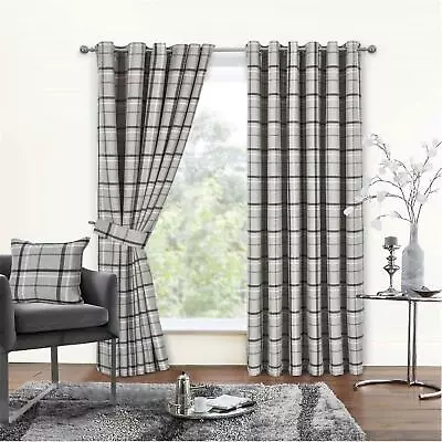 Grey Woven Check Eyelet Curtains Hudson Checked Ring Top Curtain Pair • £71