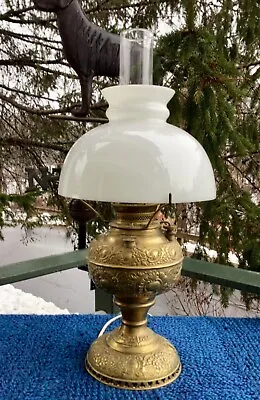 Antique 1892 The Miller Lamp Highly Embossed Brass Kerosene Oil Lamp Electrified • $85