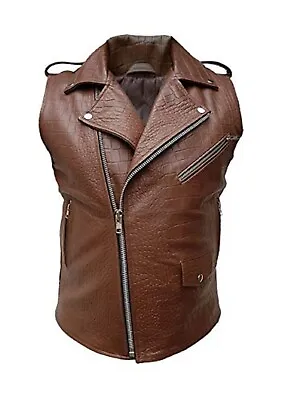 Mens Sleeveless Brando Style Biker Vest Alligator/Crocodile Brown Leather Jacket • $99.99