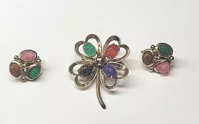 Vintage Van Dell  Four Leaf Clover 12K GF Scarab Pin & Matching Clip On Earrings • $7.99