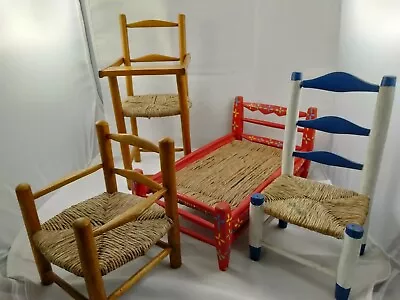 3 Vintage Doll Chairs & Bed Highchair Hand Painted Folk Art Wicker Mexico Boho • $100